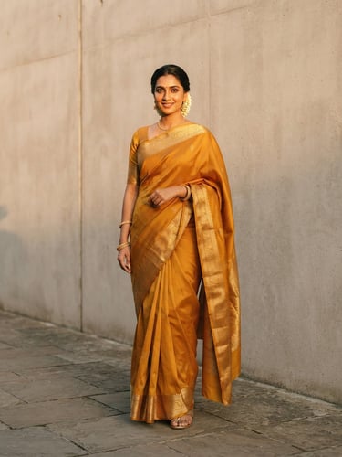 A medium-long shot of an elegant woman in a premium ochre silk saree standing against a minimalist concrete wall, warm golden-hour sunlight highlighting the rich fabric texture and drape.