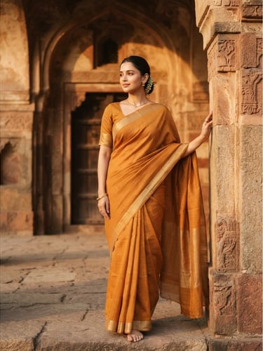 A medium-long shot of a woman wearing a premium ochre hand-woven silk saree, draped in a modern minimalist style, standing against a rustic heritage archway in New Delhi, warm golden-hour sunlight casting soft shadows.
