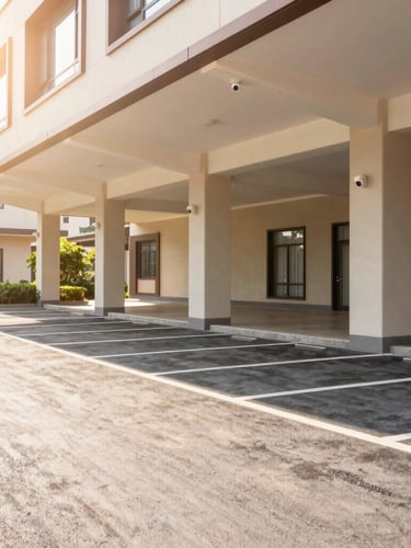 Bright daytime photo of a clean, secure, well-lit hotel parking lot with modern security cameras visible, warm sunlight, professional architectural photography
