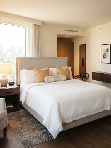 Bright modern hotel room interior, crisp white linens on a king bed, warm gold accent pillows, natural window light, 24mm lens, realistic hotel photography.