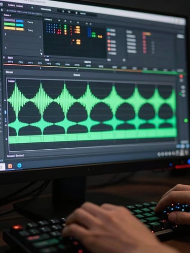 An extreme close-up of a premiere pro editing timeline on a glowing monitor, neon green audio waves, hands adjusting a mechanical keyboard in a dark room