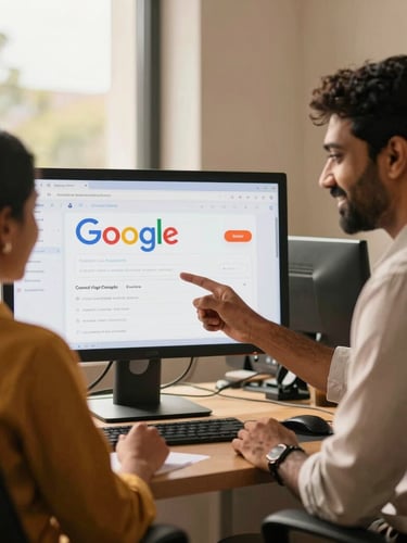 Warm editorial photography of a modern Tamil Nadu office, soft natural window light, a developer showing a high-ranking Google search result on a screen to a smiling local business owner.