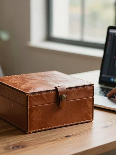 Warm editorial photograph of a modern Tamil Nadu workspace, a developer's hands typing code on a laptop beside a beautifully crafted leather corporate gift box, soft natural window light, 35mm lens