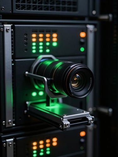 Macro shot of physical mobile test rigs in a dark server rack, glowing green and orange status LEDs, low-key high-contrast technical photography, 35mm lens.