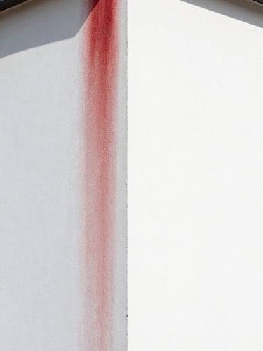 Close-up before and after split of clean white exterior render, left side stained with red algae, right side pristine white, bright daylight