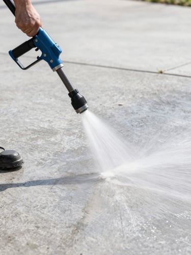 Close-up of an industrial pressure washing nozzle cleaning a commercial concrete walkway, high-pressure water stream visible, crisp commercial photography