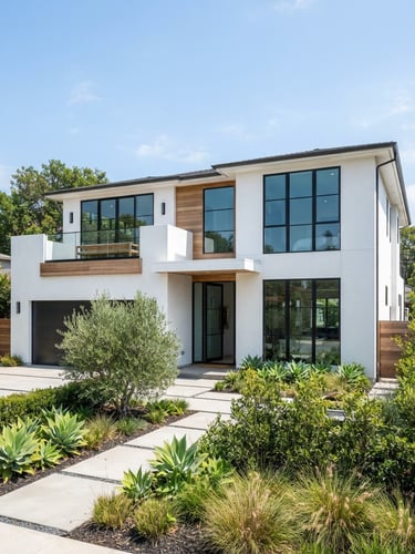 Crisp commercial photography of a clean modern house exterior with pristine white render, bright natural daylight, 35mm lens