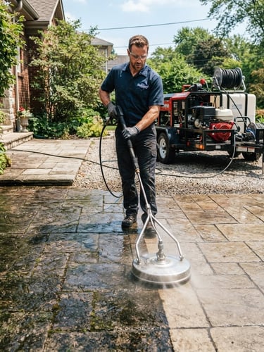 A professional technician operating an industrial-grade pressure washing rig on a weathered stone driveway, bright natural daylight, high-contrast clean outdoor surfaces, sharp focus
