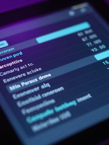 Macro shot of a glassmorphic digital interface displaying secure transaction data, low-key ambient lighting with deep violet and cyan highlights.