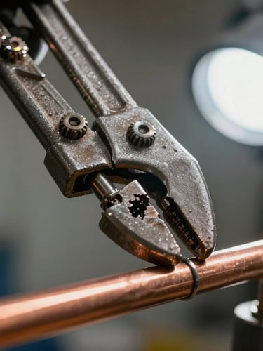 Macro shot of a heavy-duty pipe wrench tightening copper pipes under bright, clear work lights, focused on technical precision.
