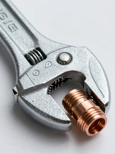 Tight macro shot of professional plumbing tools, a heavy steel pipe wrench gripping a copper joint, bright clean daylight, sharp focus on the metallic texture.