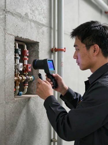 A technician in a clean dark uniform using a thermal imaging camera to inspect hot water pipes behind a modern concrete wall, clear display visible.