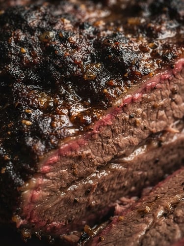 Extreme macro close-up of glistening smoked brisket bark with a deep pink smoke ring, dramatic low-key side lighting, rich earthy tones, 35mm