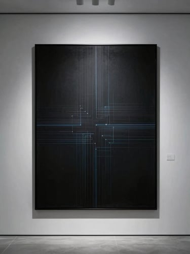 Straight-on architectural photography of a minimalist glass-walled room with a massive framed digital art print, cool high-contrast studio lighting, sharp shadows, 35mm