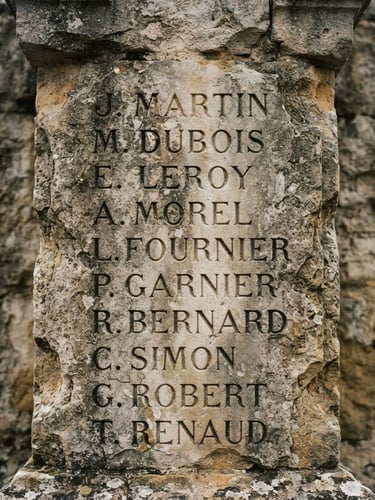 Close-up of a weathered stone monument in France with engraved names, soft overcast daylight, desaturated tricolor tones, deep shadows, 35mm film grain, cinematic framing