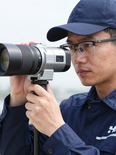 Close-up of a professional technician in a branded navy uniform calibrating a thermal imaging camera, cool daylight, high clarity, 50mm lens.