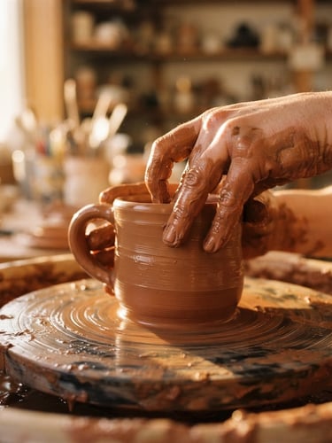Close-up of potter's hands covered in wet terracotta clay shaping a heavy-bottomed mug on a wooden wheel, warm golden-hour light, 35mm
