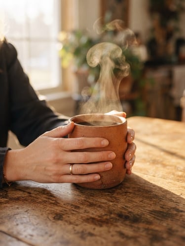 Close-up of hands holding a heavy-bottomed terracotta mug filled with steaming coffee, warm golden-hour window light casting soft shadows on a rustic wooden table, shallow depth of field, 35mm
