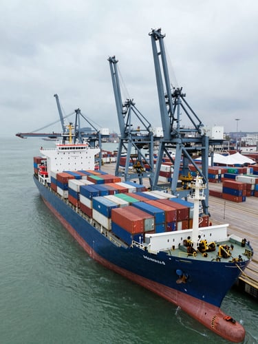 High-angle drone view of a massive container vessel docked at Mundra port, heavy cranes positioned over the deck, overcast industrial daylight.
