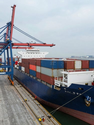 High-angle drone photography of a massive container vessel docked at Mundra Port during overcast daylight, industrial cranes framing the left third, technical and clean.