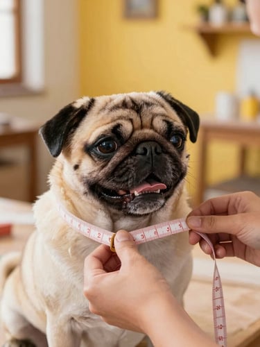 Bright editorial portrait of a skilled artisan's hands carefully measuring a happy Pug with a soft fabric tape measure inside a warm, sunlit Celaya workshop, detailed fabric textures, shallow depth of field.