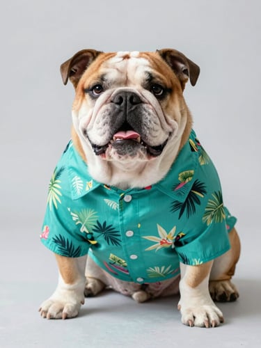 A happy, comfortable English Bulldog sitting on a clean light gray studio floor, wearing a vibrant custom-tailored tropical teal shirt that fits perfectly across its broad chest, soft natural daylight, 35mm lens.