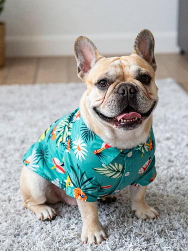 Bright editorial photography of a joyful French bulldog wearing a vibrant teal tropical shirt, sitting comfortably on a soft light gray rug, natural daylight, 35mm lens.