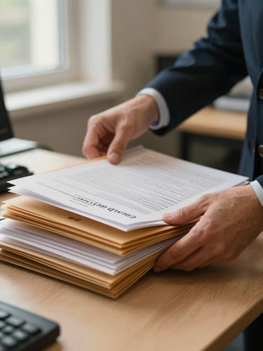 Close-up of a Corfenalce staff member's hands sorting loan folders on a desk, natural office daylight from a window to the left, warm paper tones, shallow depth of field