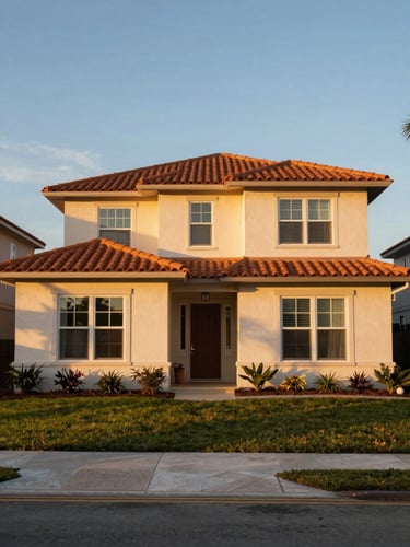 Warm environmental exterior shot of a Florida single-family home at golden hour, terracotta accents, soft sunset lighting, clear sky.