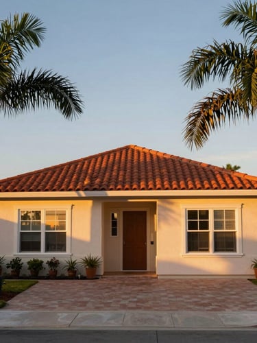 A warm Florida single-family home exterior at golden hour, soft terracotta roof tiles, sunset light reflecting off windows, palm trees framing the side.