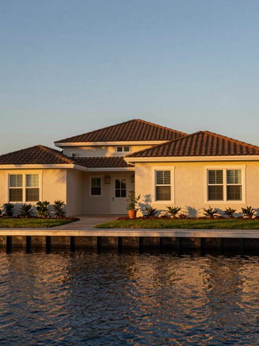 A warm Florida single-family home at sunset, golden hour light reflecting off a quiet canal, wide environmental shot