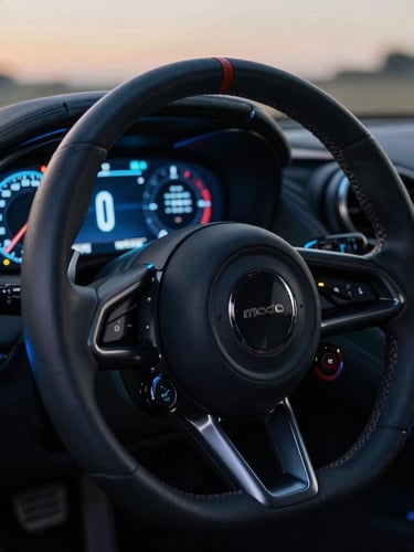 Moody close-up of a modern sports car steering wheel and digital dashboard glowing with electric blue accents at dusk, sharp focus, 35mm