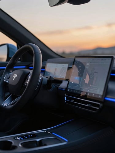 Moody automotive photography at dusk golden hour, close-up of a modern sedan dashboard with sharp electric blue ambient lighting, clean focus, 35mm