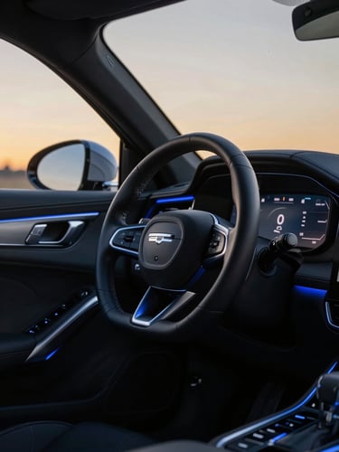 Tight dynamic angle of a modern sports car dashboard at dusk, sharp focus on steering wheel, electric blue ambient lighting