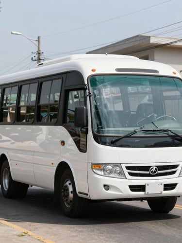 A modern white school microbus driving through a bright, clean Colombian suburban street in crisp morning light, professional setting, 35mm lens