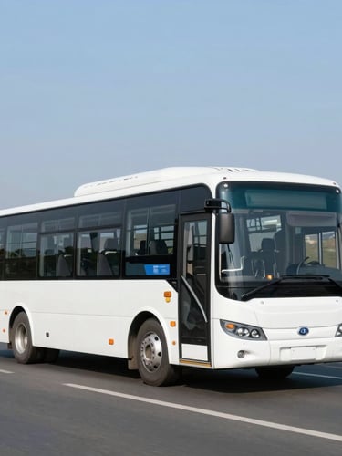 Wide environmental shot of a modern clean white corporate bus driving on a bright well-lit highway under a clear morning sky, professional B2B transport aesthetic, 35mm lens