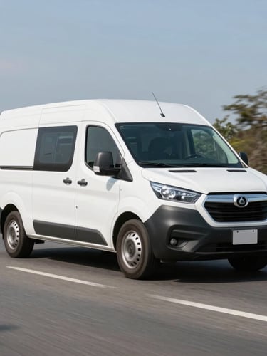 Wide environmental shot of a clean white corporate van driving on a bright, sunny Colombian highway, clear daylight, professional and sharp focus