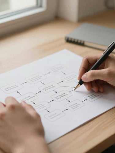 Close-up of hands sketching a workflow diagram on high-end stationery, warm minimalist desk setup, soft natural light, shallow depth of field