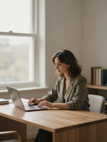 A warm editorial portrait of a professional woman working at a minimalist wooden desk near a large window, soft natural daylight, muted earth tones, 35mm
