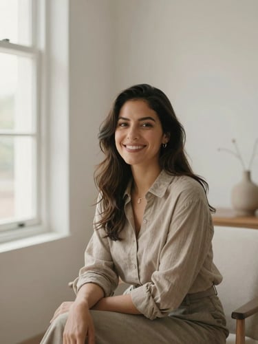 A professional portrait of Angie, a Hispanic woman with a warm, confident smile, sitting in a bright, modern minimalist room in Mexico, soft natural window light, muted earth tones, 35mm