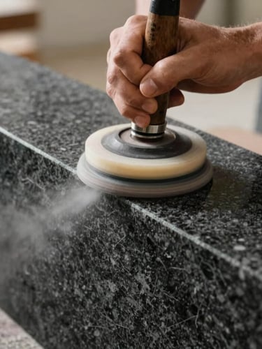 Close-up of a craftsman's hands guiding a water-cooled stone polishing tool over the edge of a deep charcoal granite slab, soft water mist catching the natural light, shallow depth of field.