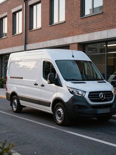A clean commercial service van with professional branding parked outside a modern brick office building, cool morning light, sharp commercial photography