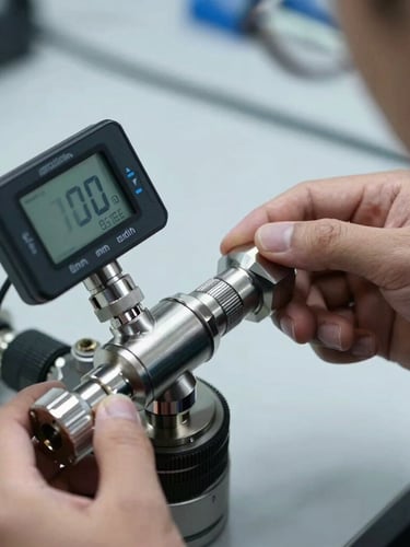 Close-up portrait of a certified technician calibrating a digital draft flow sensor, stainless steel connections, sharp high-contrast lighting, 35mm