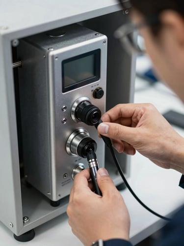 Close-up of a technician calibrating a digital bar system connection, stainless steel hardware, sharp focus, high-contrast industrial lighting