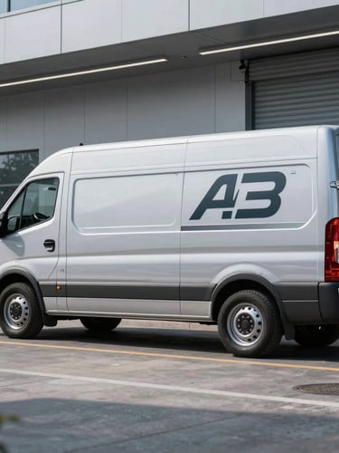 A clean commercial fleet vehicle parked outside a modern venue, side profile showing technical branding, sharp industrial lighting, cool metallic tones, 35mm lens.