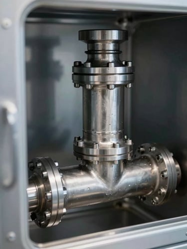 Macro shot of a stainless steel draft manifold inside a clean commercial cold room, sharp metallic reflections, cool-toned ambient light, 35mm lens
