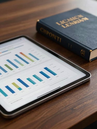 Macro shot of a modern digital tablet displaying compliance data charts, resting on a dark wooden boardroom table next to a physical legal treatise, soft warm architectural lighting.