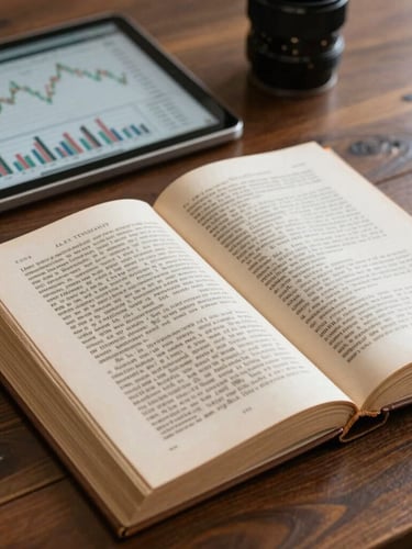 Macro detail of a physical legal treatise volume open on a dark wood table next to a sleek digital tablet displaying financial risk charts, warm interior lighting.