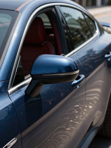 Crisp daylight shot of a high-end car parked on a clean street, focus on the sleek side mirror and door handle, professional commercial style