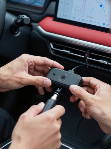 Close-up of a professional technician installing a compact GPS tracking device under the dashboard of a modern car, clean hands, precise tools, daylight.